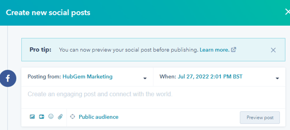 Creating a new social post for a nonprofit social media strategy within HubSpot