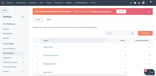 HubSpot CRM Users and Teams