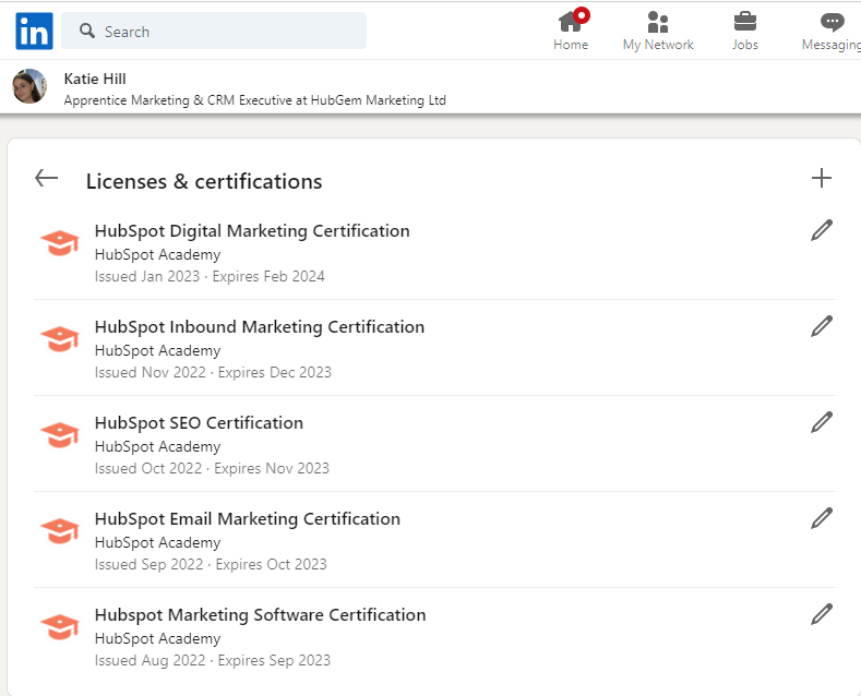 Katie HubSpot Academy certifications