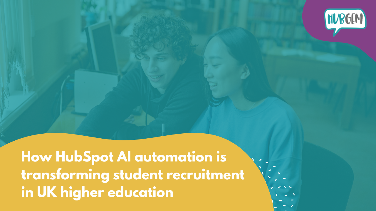 Two students working together on a computer in a library, with HubGem branding and the text “How HubSpot AI automation is transforming student recruitment in UK higher education.