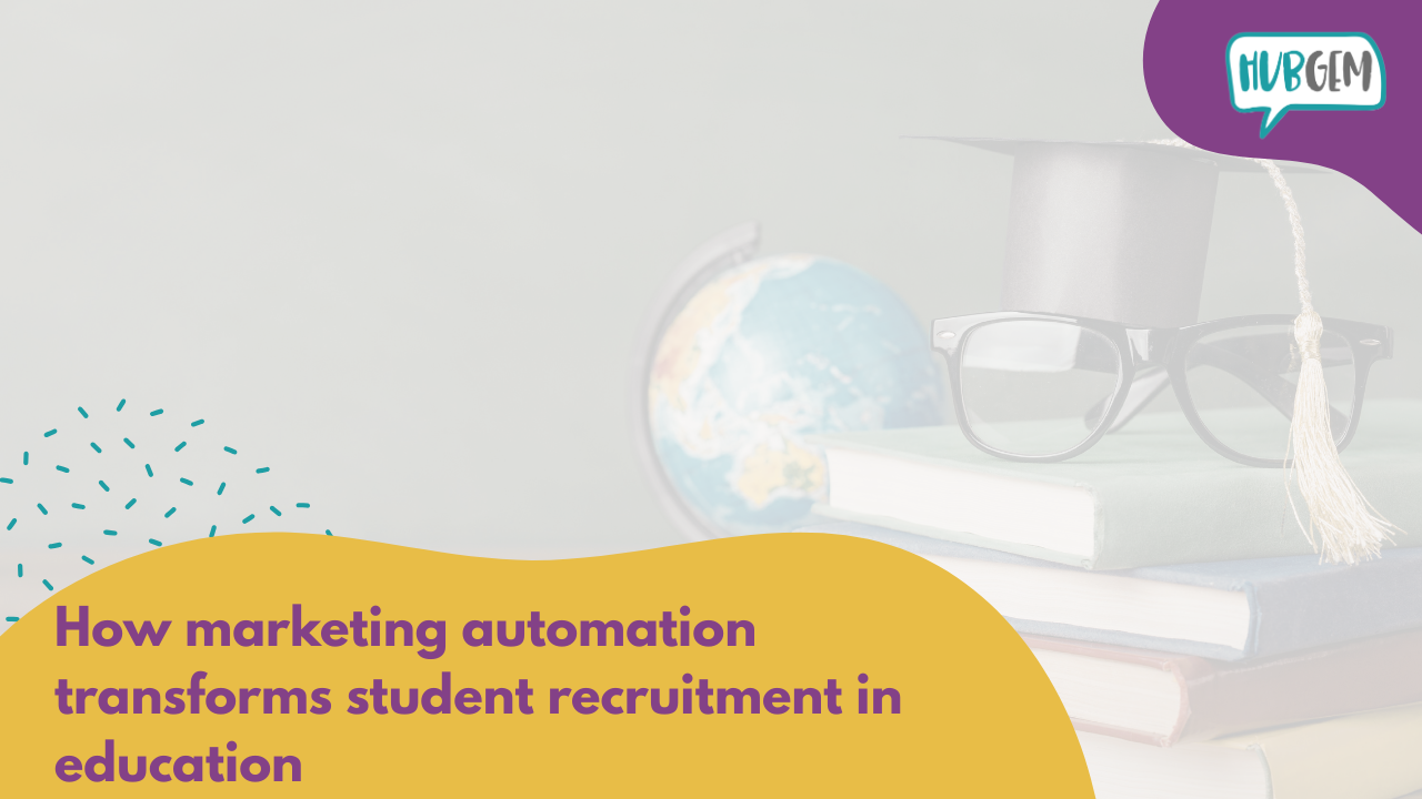 Banner image with books, globe, glasses, and graduation cap, featuring HubGem branding and the text “How marketing automation transforms student recruitment in education.