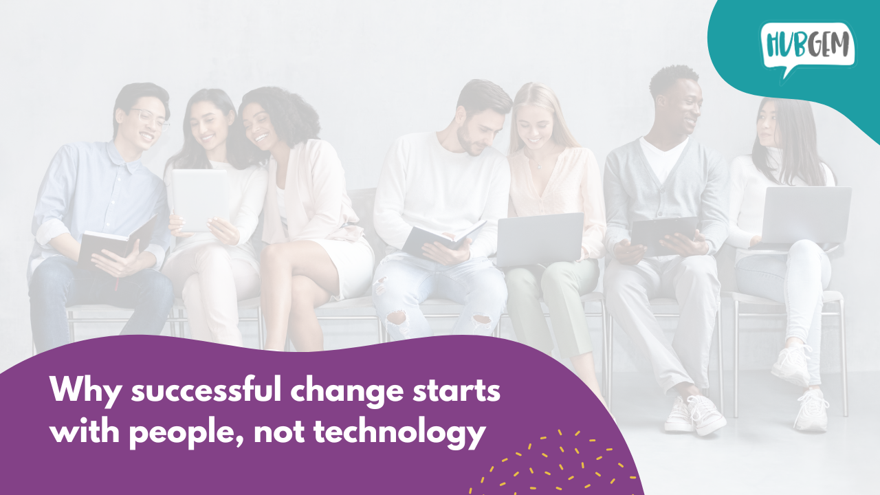 Group of students collaborating with laptops and tablets, illustrating how successful change in schools, colleges and universities depends on people, engagement and adoption rather than technology alone.