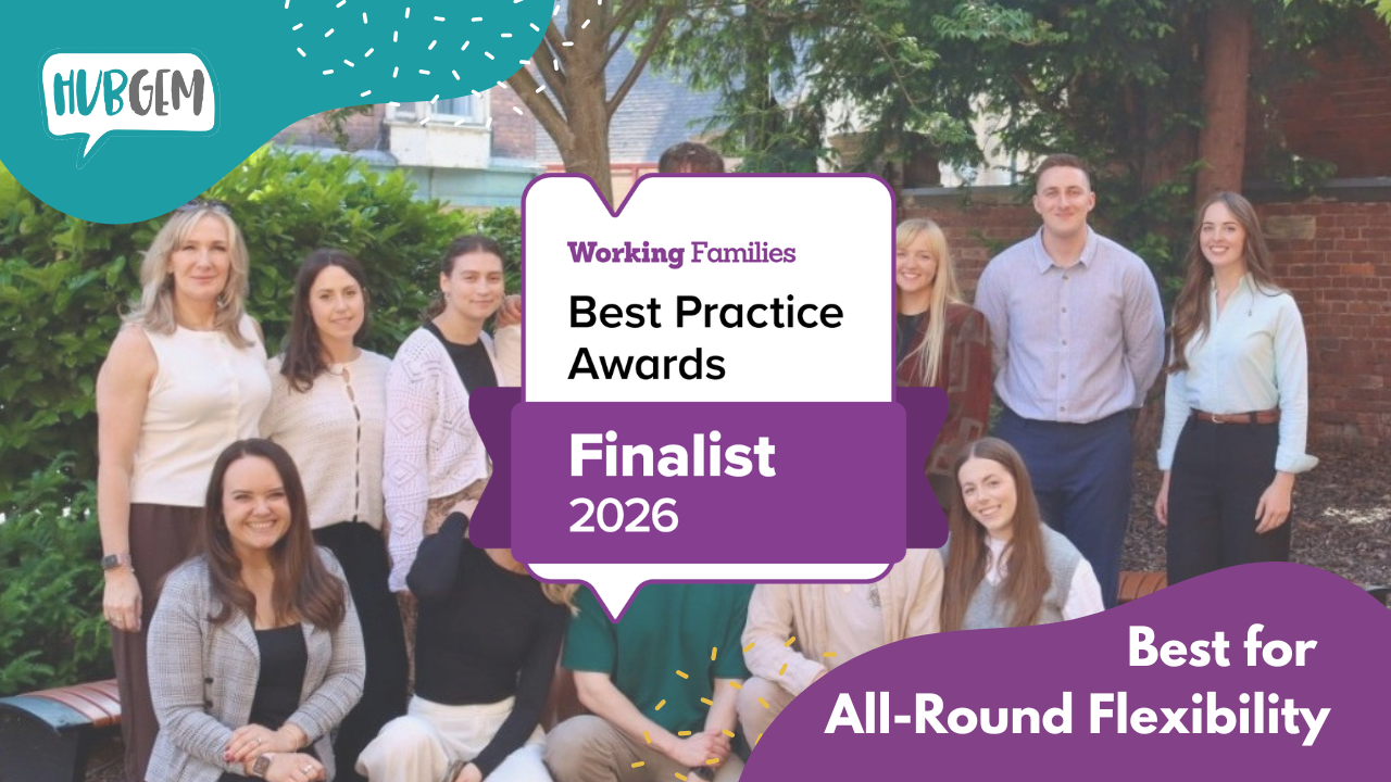 A celebratory team image highlighting HubGem as a finalist in the 2026 Working Families Best Practice Awards for “Best for All-Round Flexibility.” The graphic showcases HubGem’s people-first culture, collaborative team environment, and recognition for workplace flexibility and employee wellbeing.
