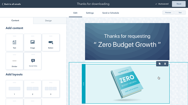 HubSpot email drag and drop builder