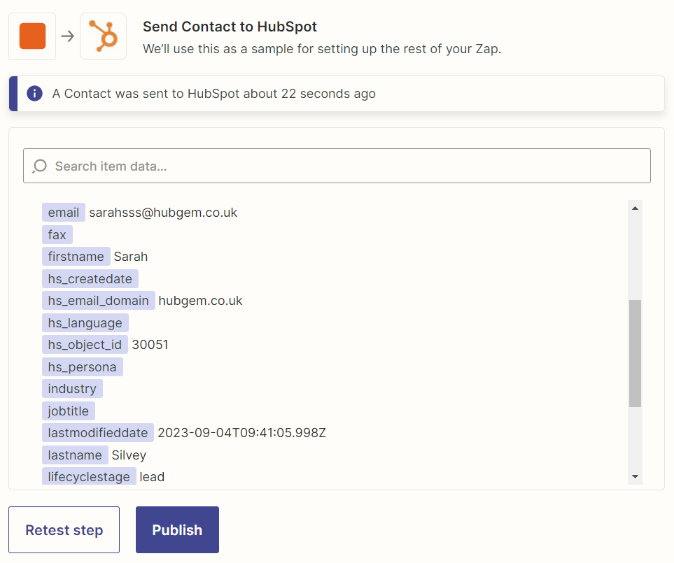 The test submission that will be sent to HubSpot, consisting of a number of filled out fields